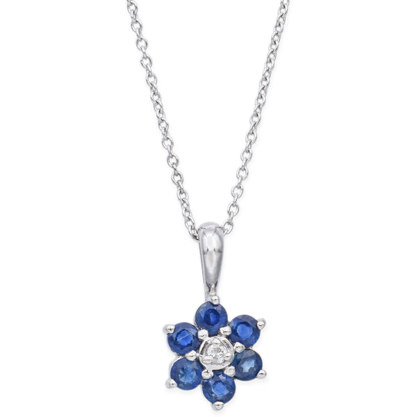 Estate 14K White Gold Sapphire & Diamond Floral Pendant Necklace