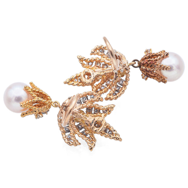Vintage 18K Yellow Gold Pearl & 1.32 TCW Diamond Clip-On Dangle Earrings