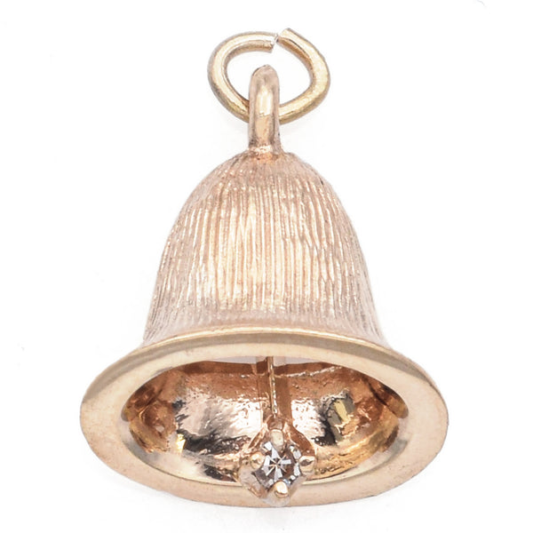 Vintage 14K Yellow Gold Diamond Bell Charm Pendant