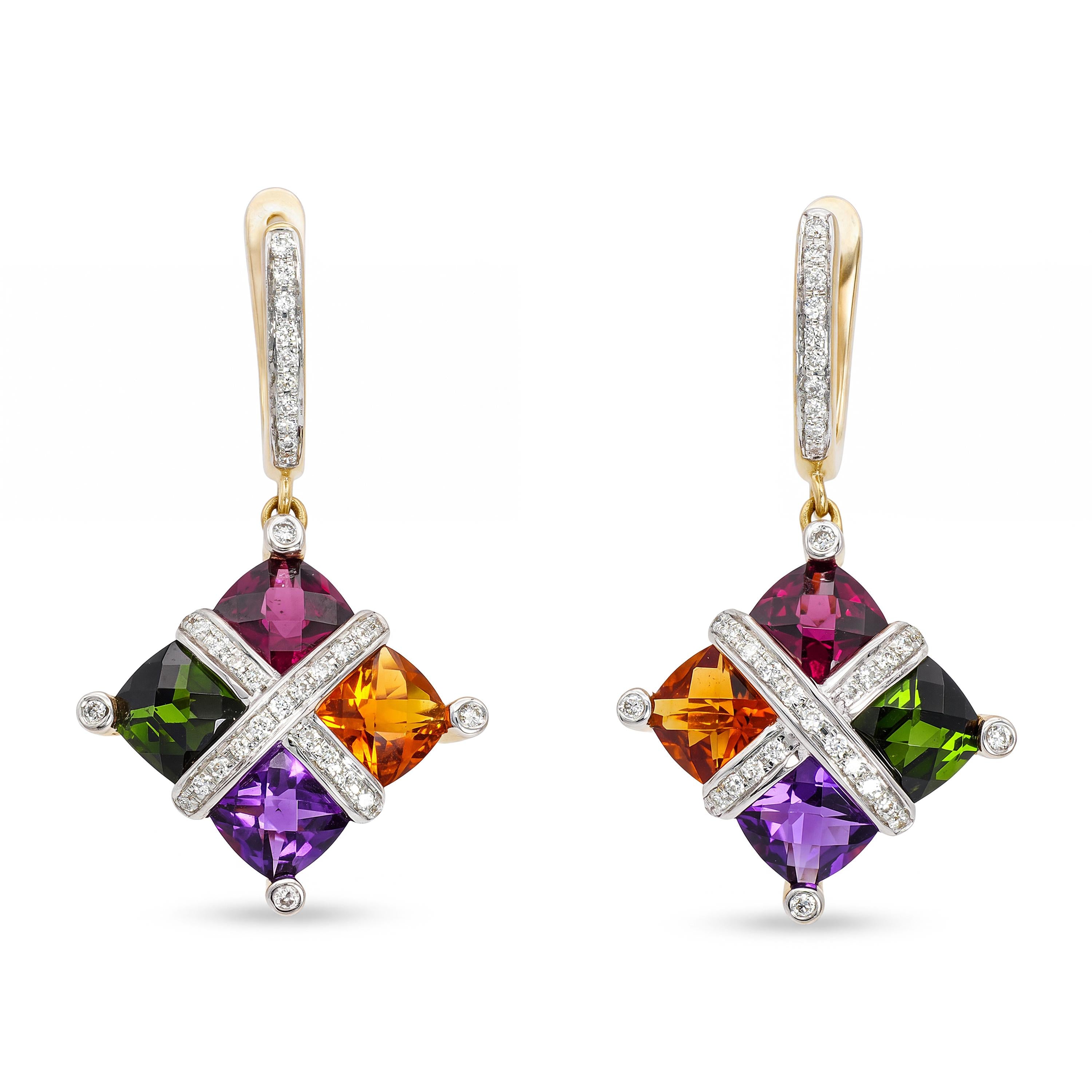 Bellarri 14k Yellow Gold Multi Gemstone and Diamond Drop Earrings