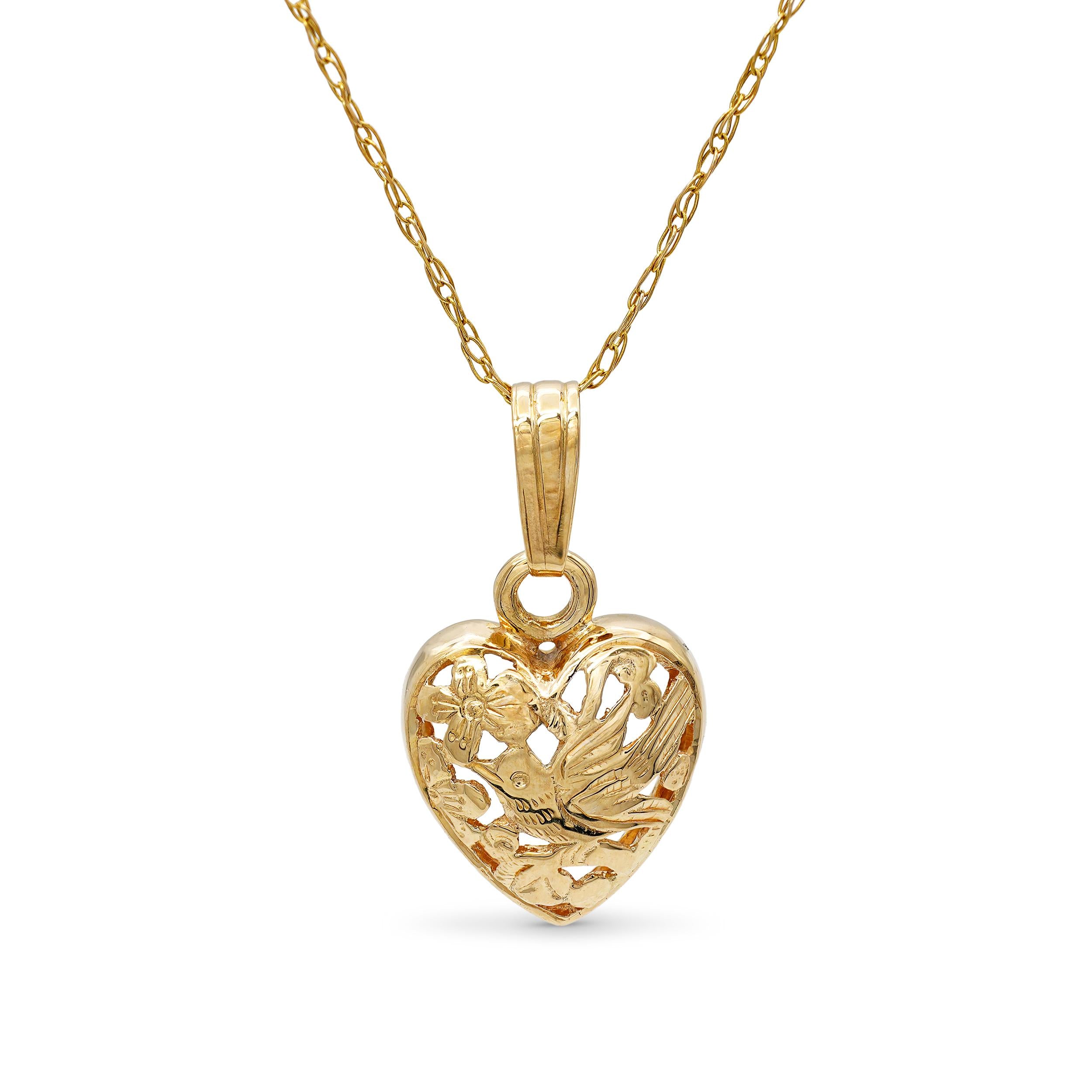 Vintage 14k Yellow Gold Cable Chain and Floral Bird Pendant Necklace