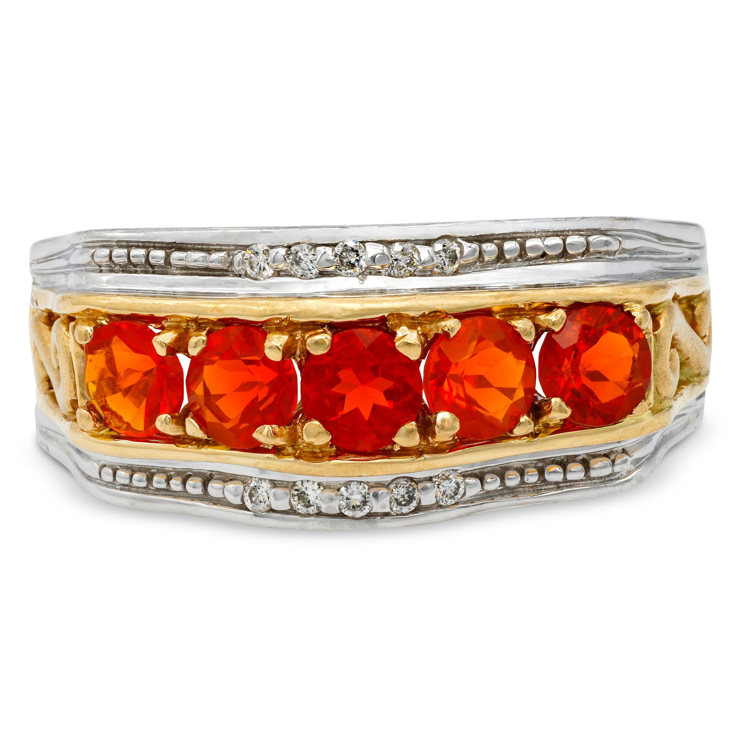 Vintage 14k Yellow and White Gold Fire Opal and Diamond Ring