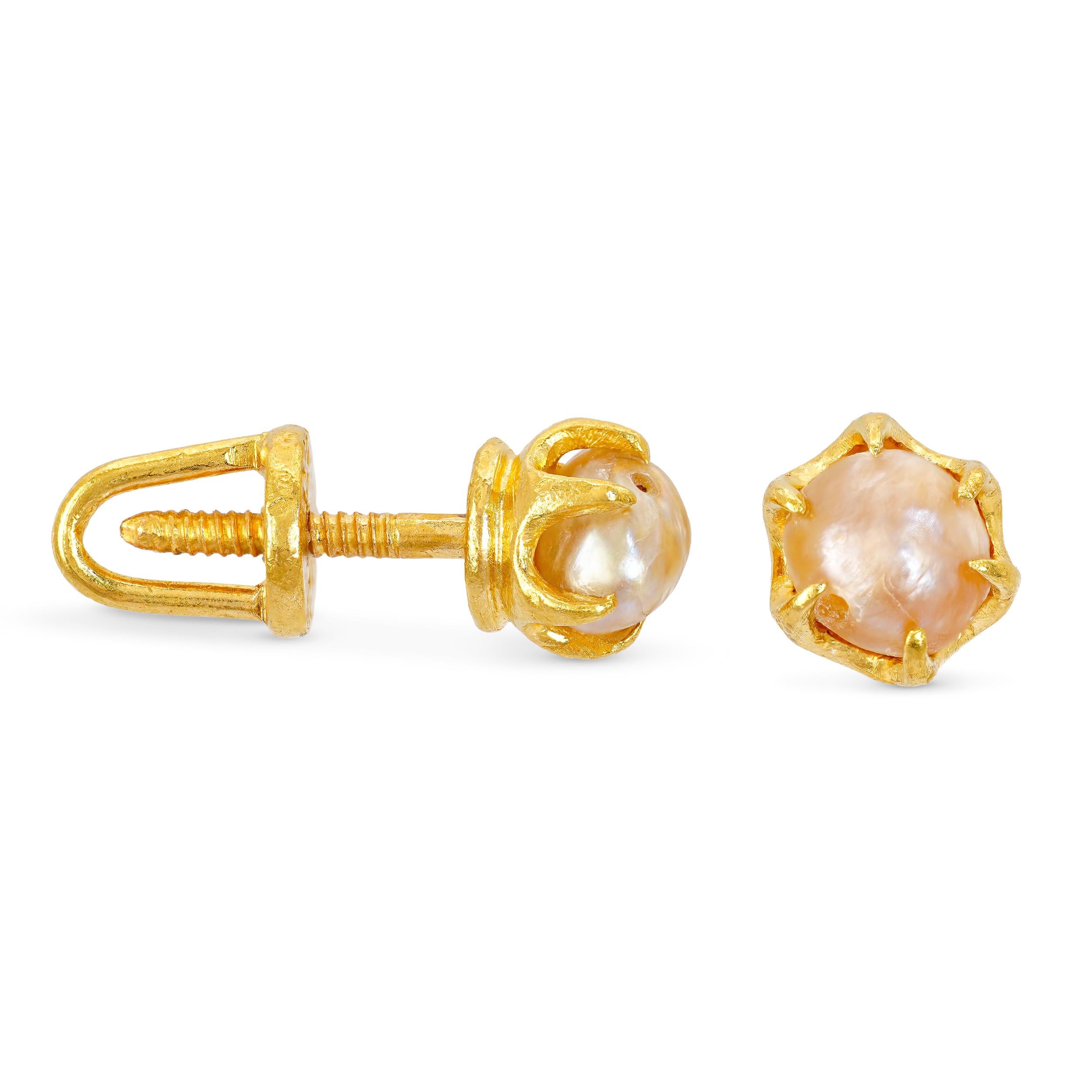 Vintage 23k Yellow Gold Pearl Stud Screw Back Earrings