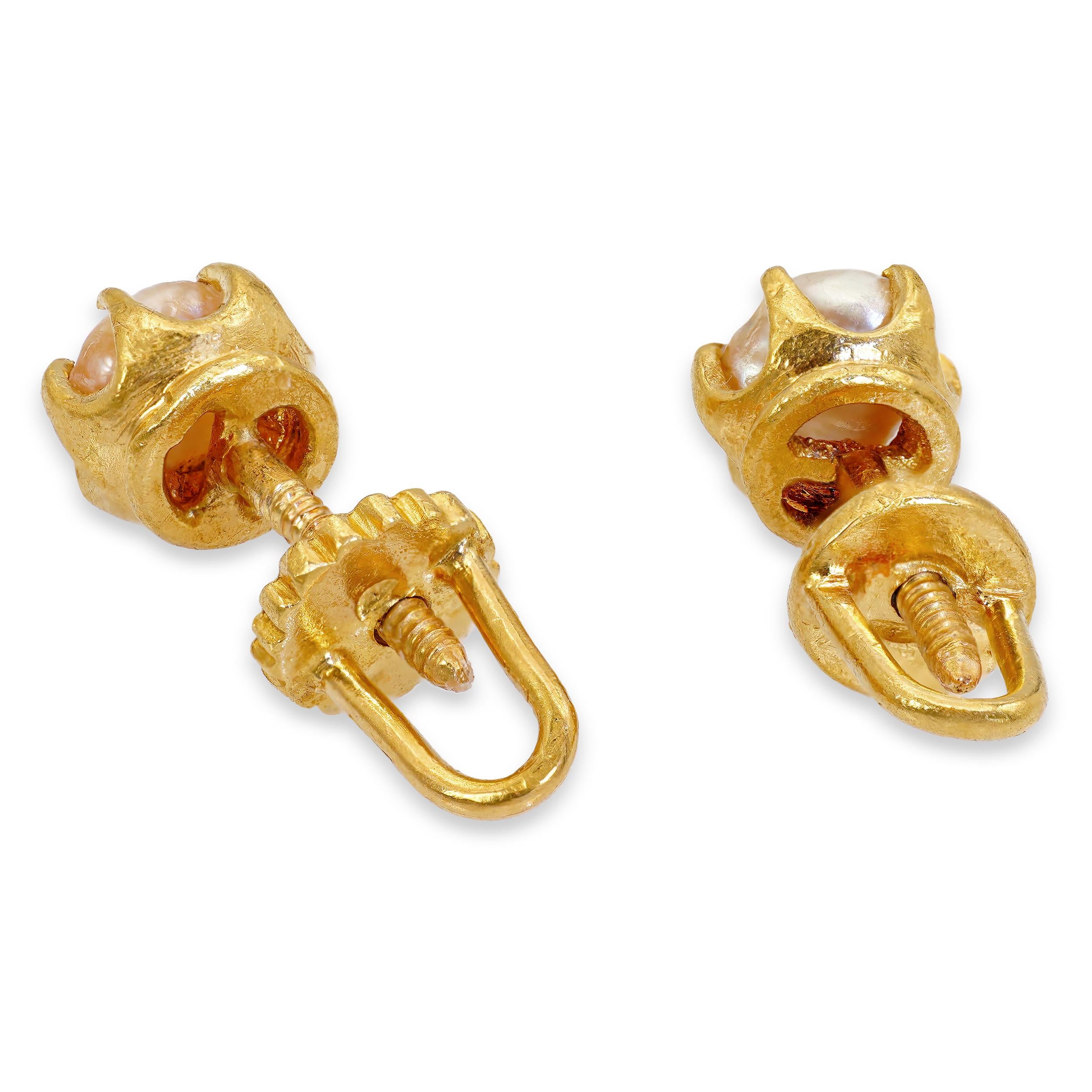 Vintage 23k Yellow Gold Pearl Stud Screw Back Earrings