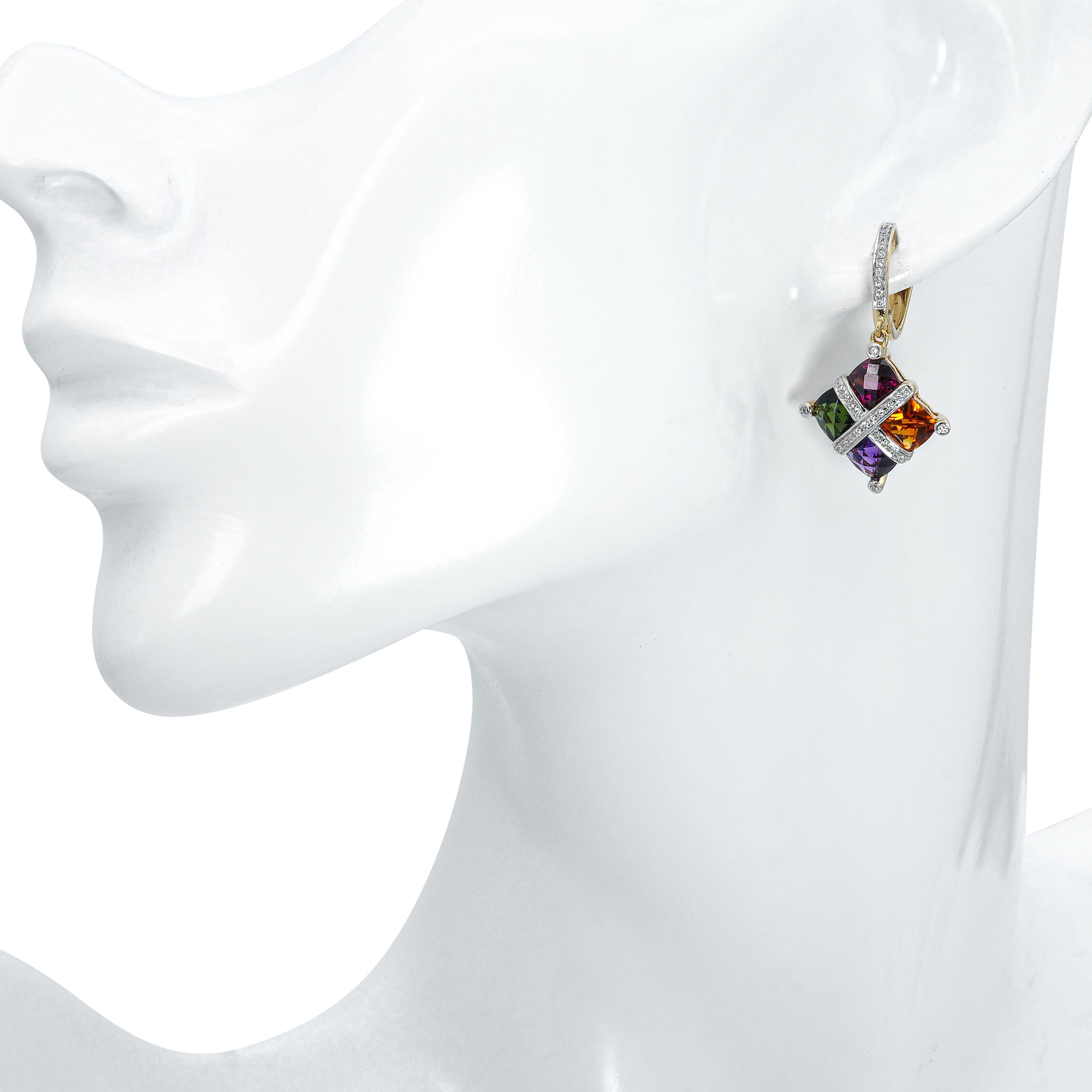 Bellarri 14k Yellow Gold Multi Gemstone and Diamond Drop Earrings