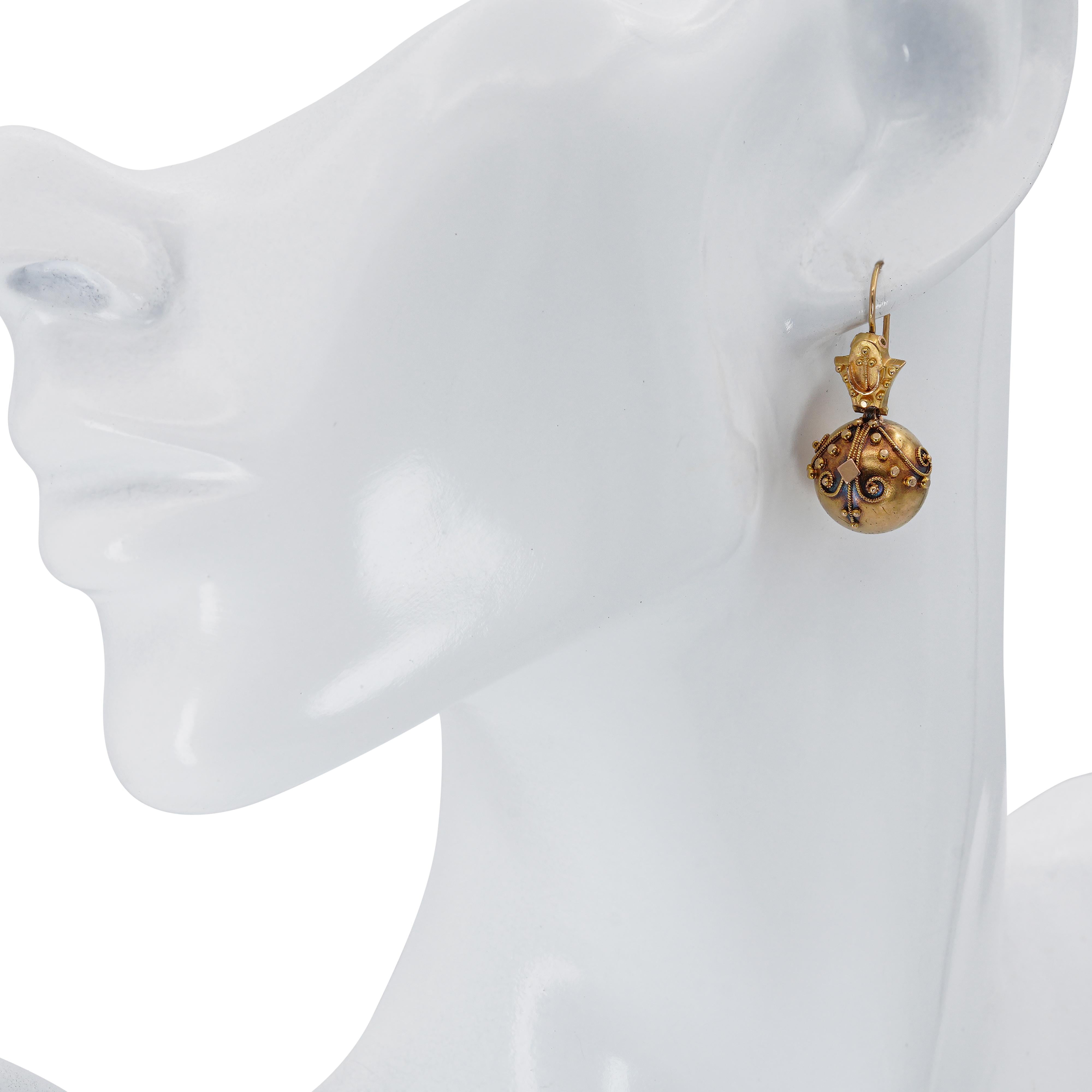 Antique Victorian Etruscan Revival 19k Yellow Gold Drop Earrings