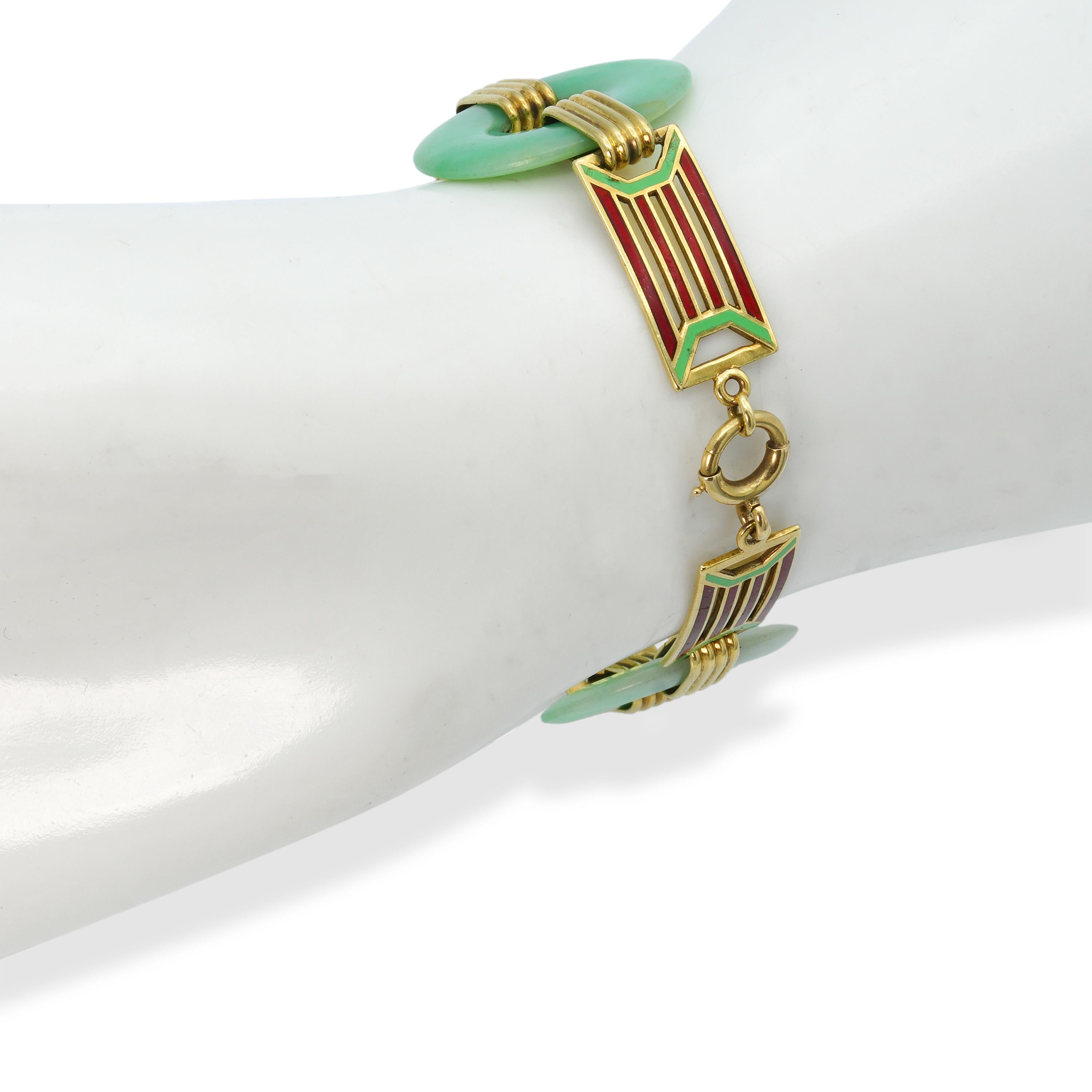Antique 14k Yellow Gold Enameled Link and Jade Bracelet