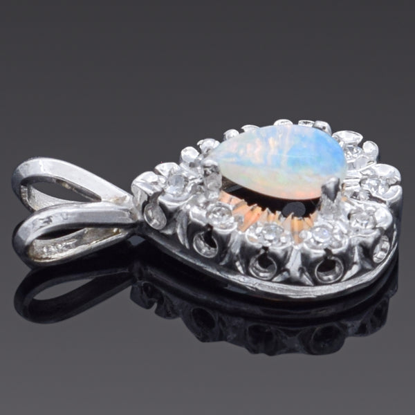 Vintage 14K White Gold Opal & Diamond Pear Charm Pendant