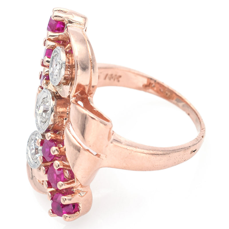 Vintage 14K Rose Gold Ruby & 0.27 TCW Diamond Cocktail Ring Size 6.5