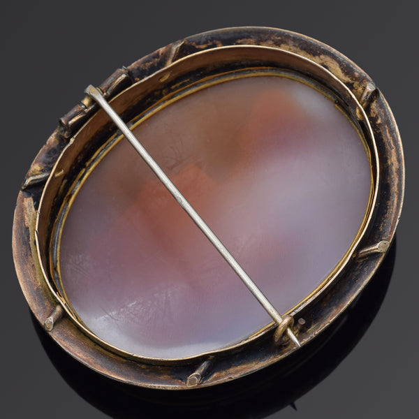 Antique 18th Century Gold Vermeil Cameo Shell Black Enamel Brooch Pin