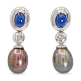 Vintage 14k White Gold Pearl, Sapphire, and Diamond Drop Earrings