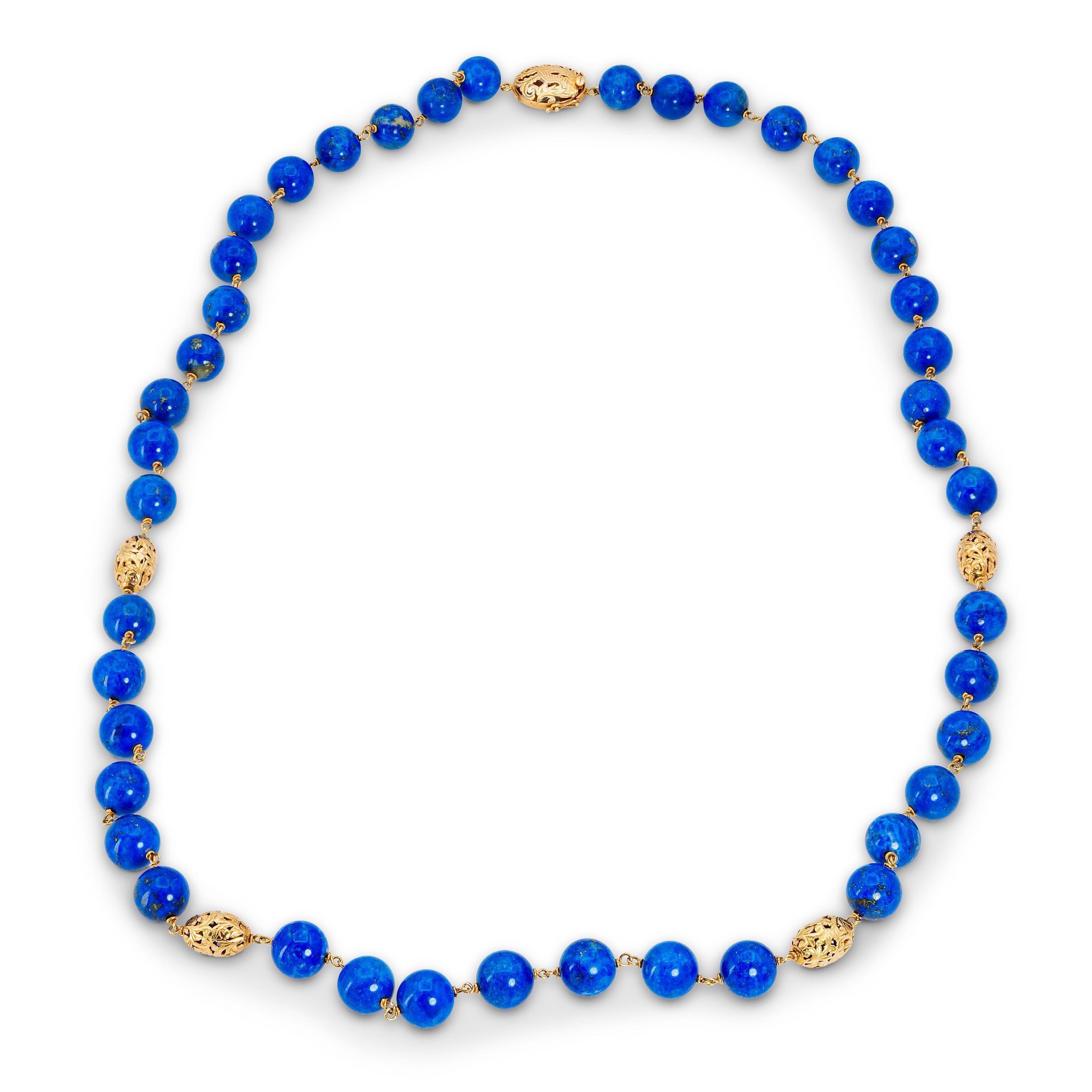 Vintage Ming’s 14k Yellow Gold Lapis Lazuli Beaded Necklace