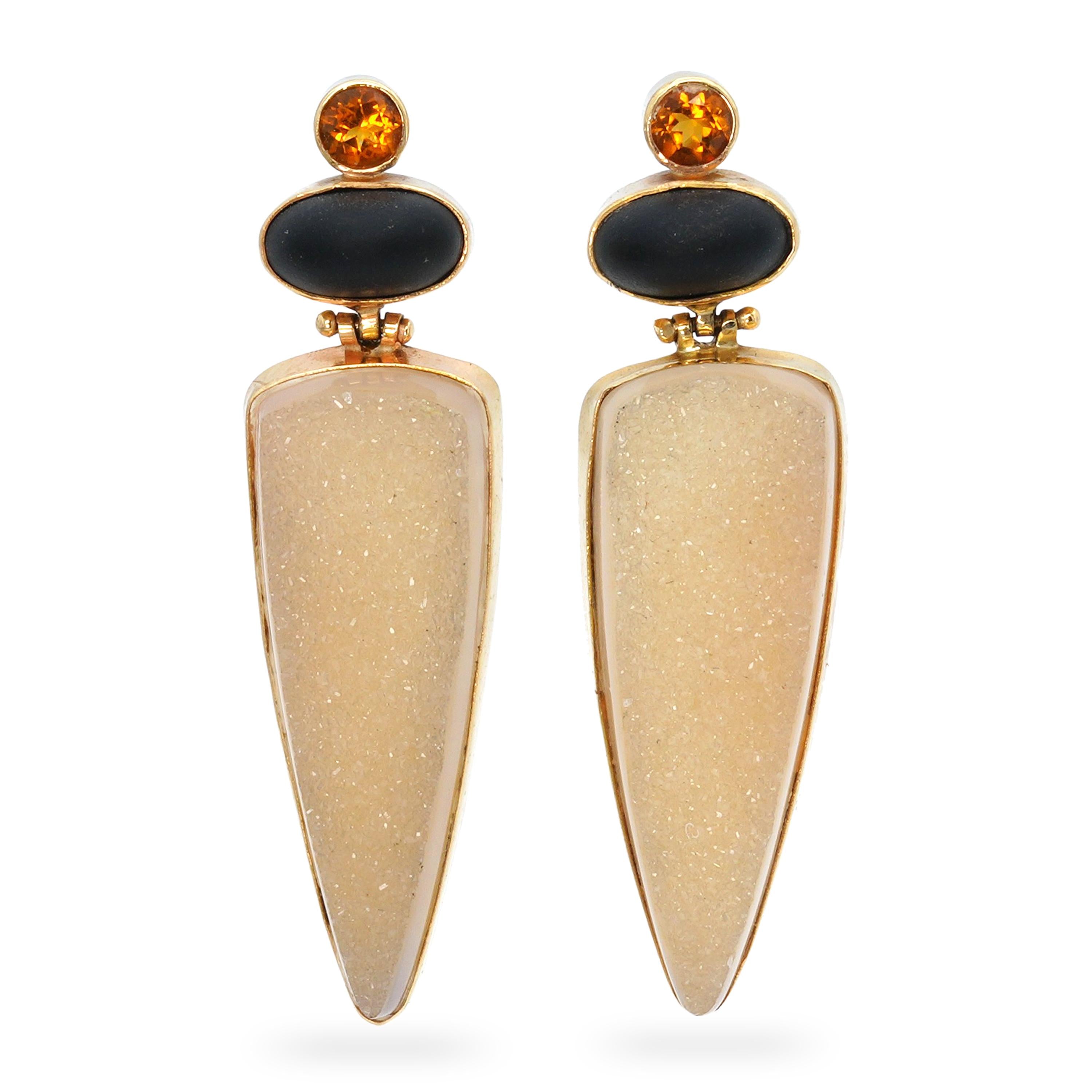 14k Yellow Gold Agate Druzy Matte Onyx and Citrine Shield Earrings