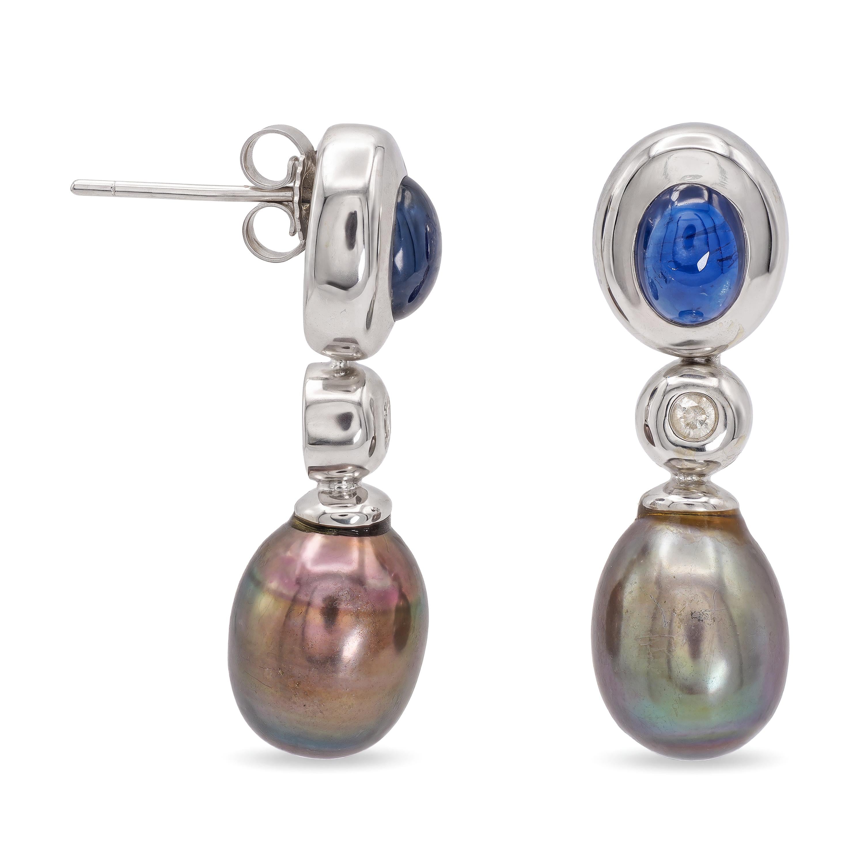 Vintage 14k White Gold Pearl, Sapphire, and Diamond Drop Earrings