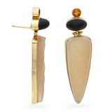 14k Yellow Gold Agate Druzy Matte Onyx and Citrine Shield Earrings
