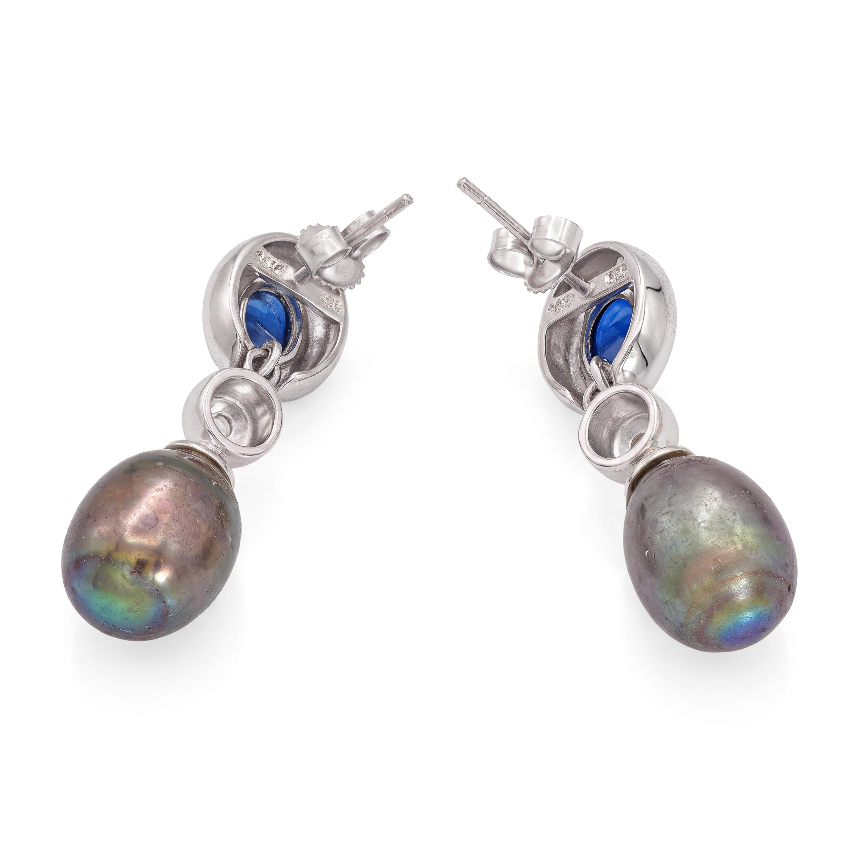 Vintage 14k White Gold Pearl, Sapphire, and Diamond Drop Earrings