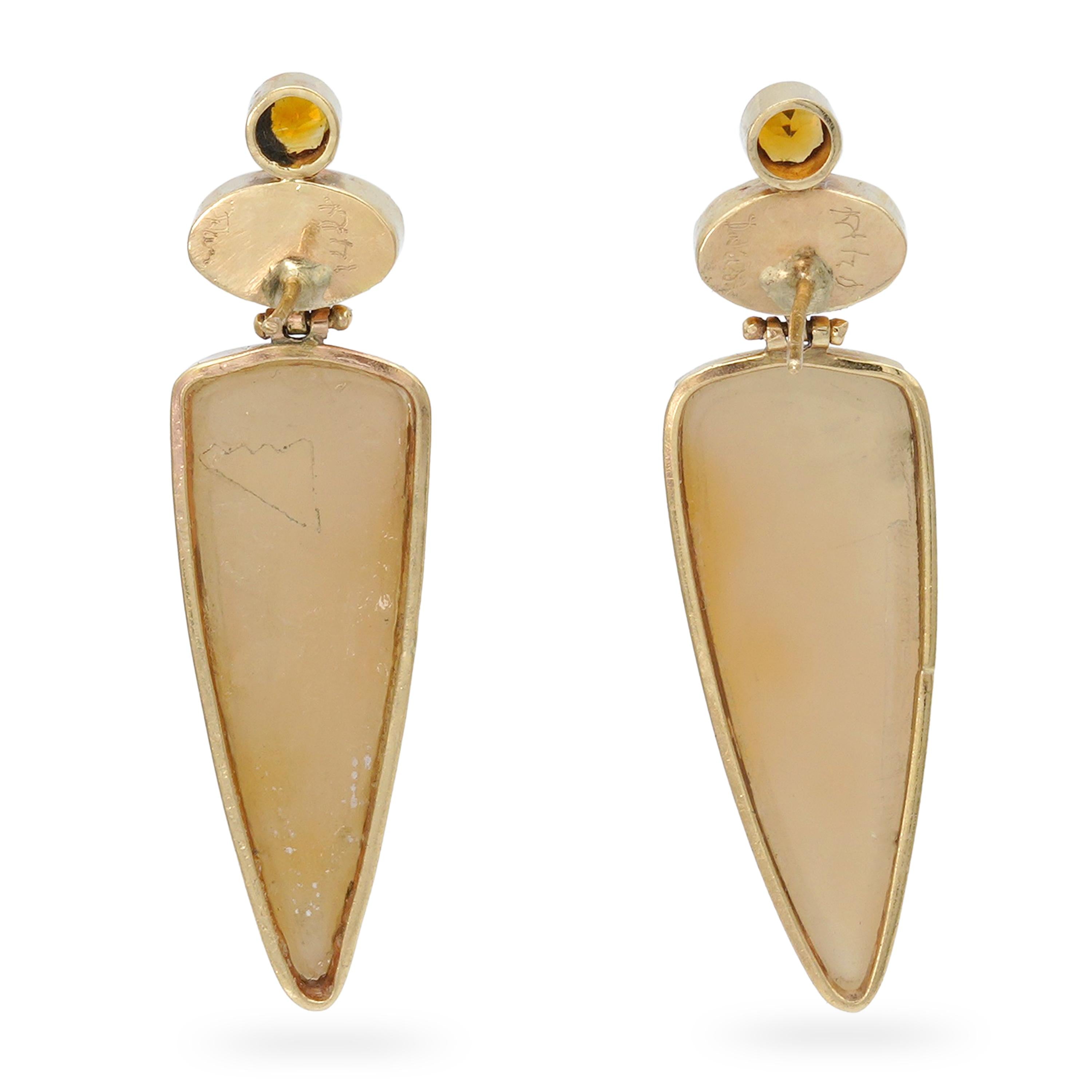 14k Yellow Gold Agate Druzy Matte Onyx and Citrine Shield Earrings