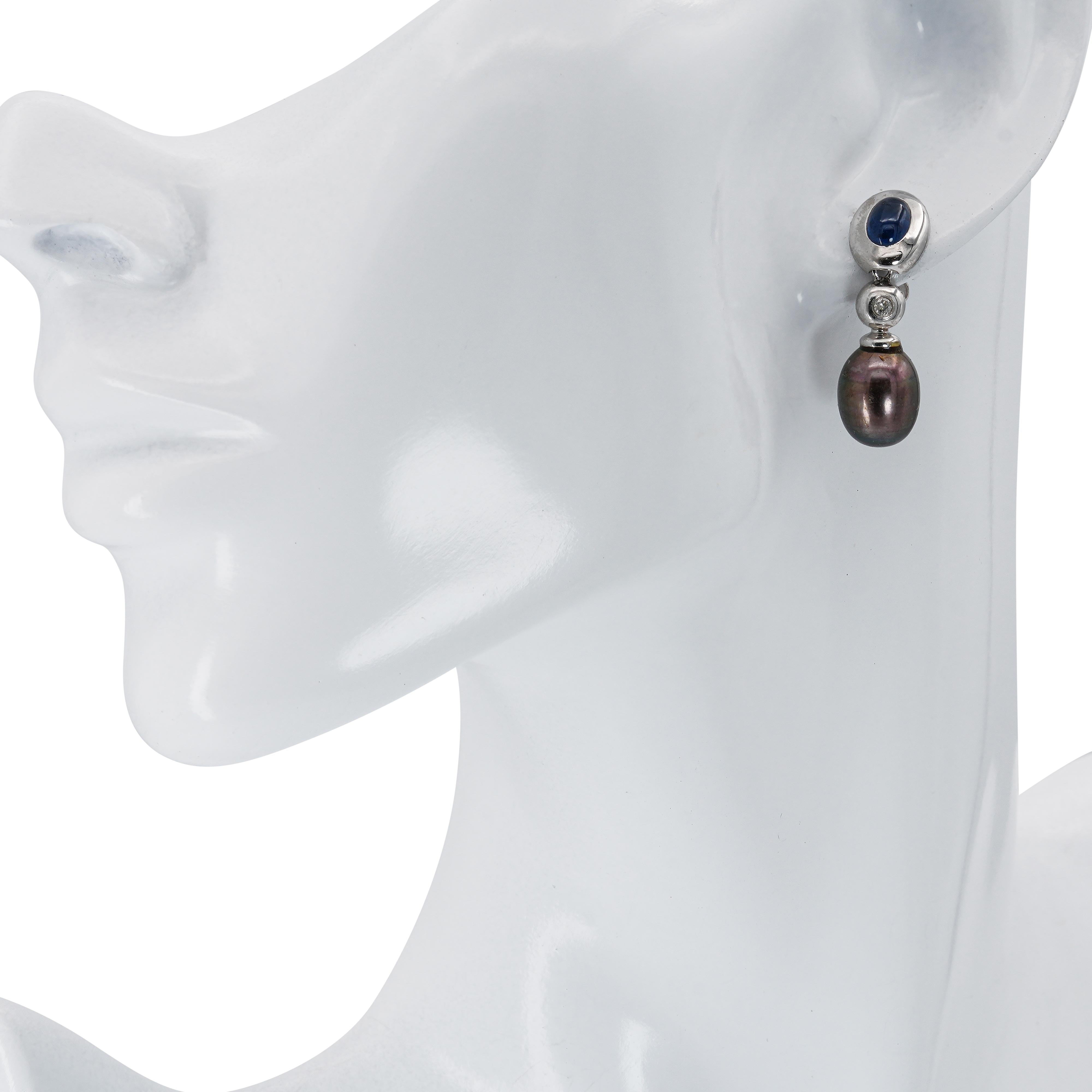 Vintage 14k White Gold Pearl, Sapphire, and Diamond Drop Earrings