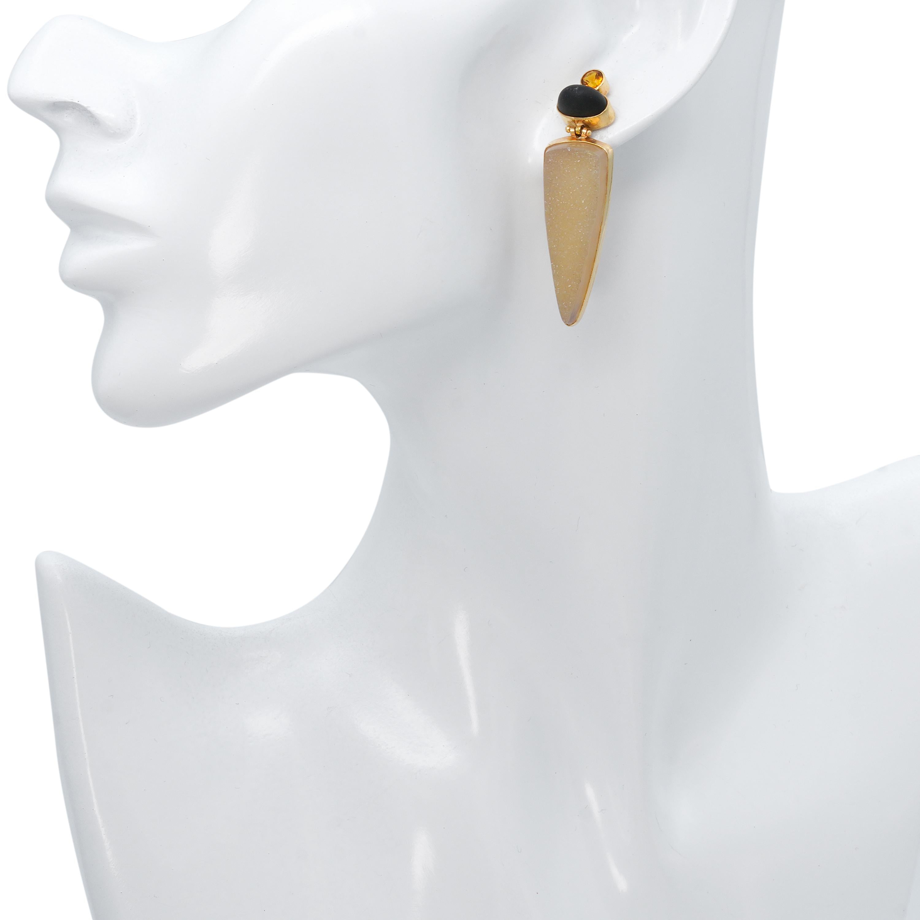14k Yellow Gold Agate Druzy Matte Onyx and Citrine Shield Earrings