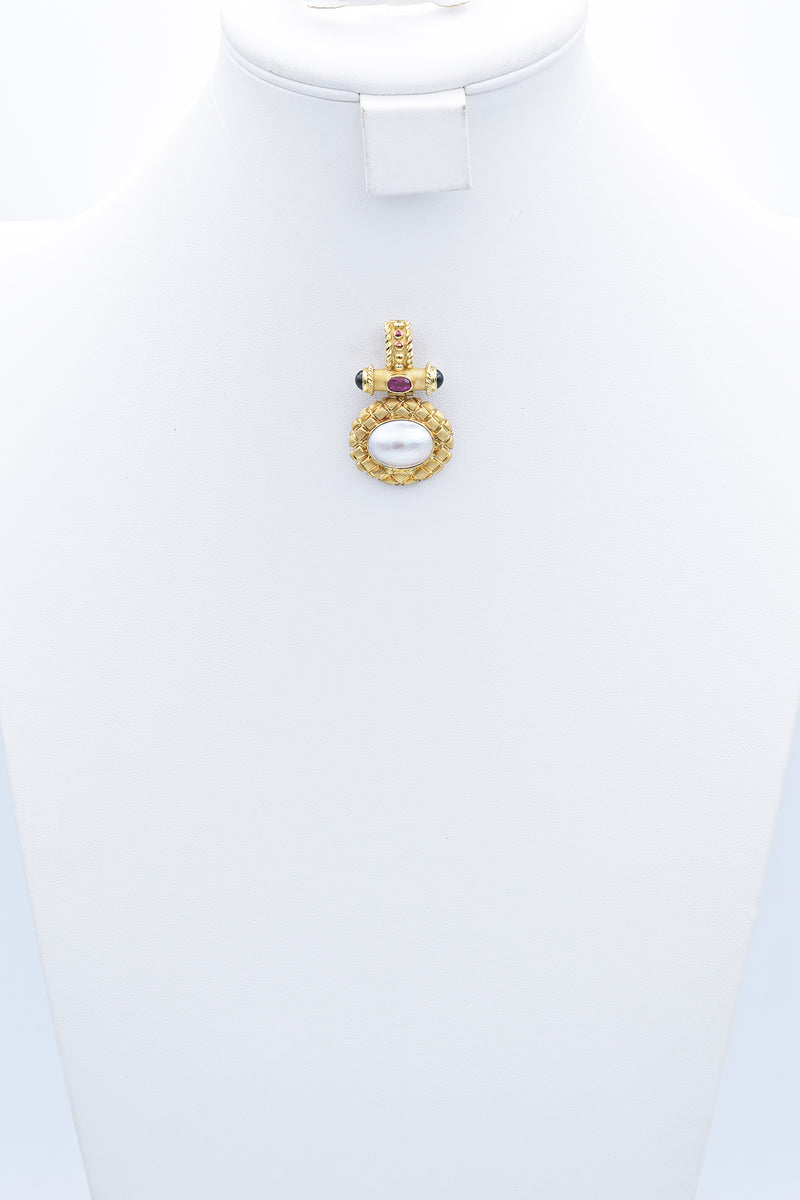 Vintage 14K Yellow Gold Mabe Pearl & Tourmaline Enhancer Pendant
