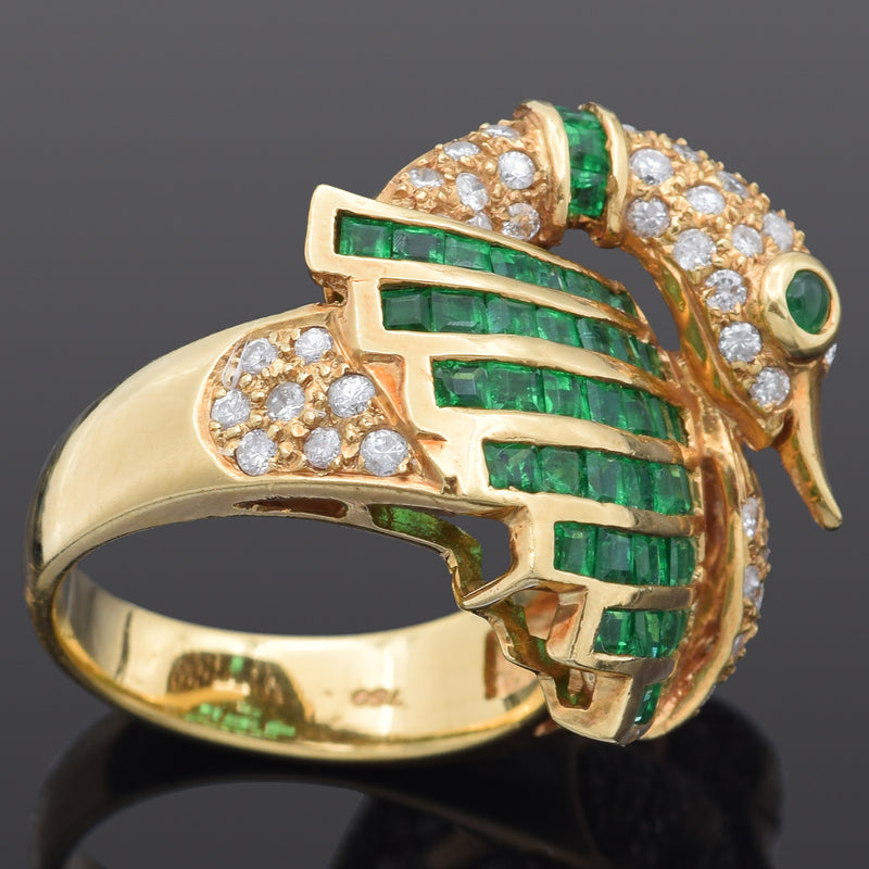 Estate 18K Yellow Gold Emerald & 0.80 TCW Diamond Swan Ring Size 6.25 with Box