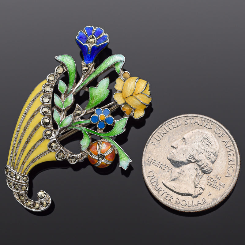 Antique Sterling Silver Enamel Marcasite Floral Brooch Pin