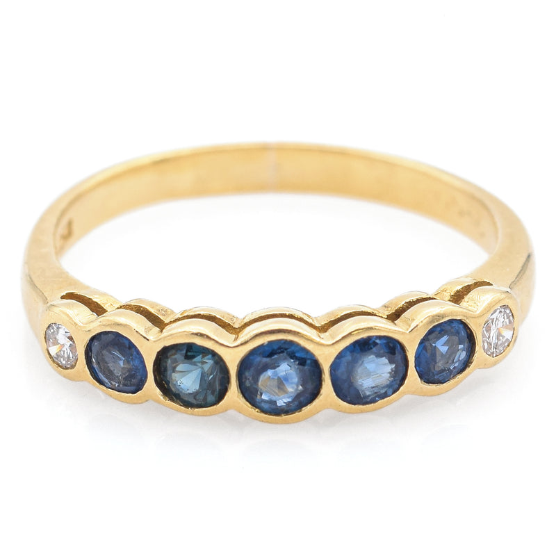Vintage 18K Yellow Gold Sapphire & Diamond Band Ring Size 5