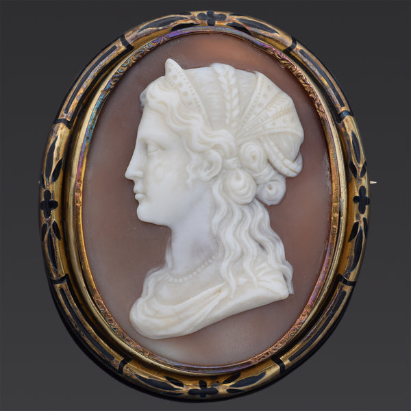 Antique 18th Century Gold Vermeil Cameo Shell Black Enamel Brooch Pin