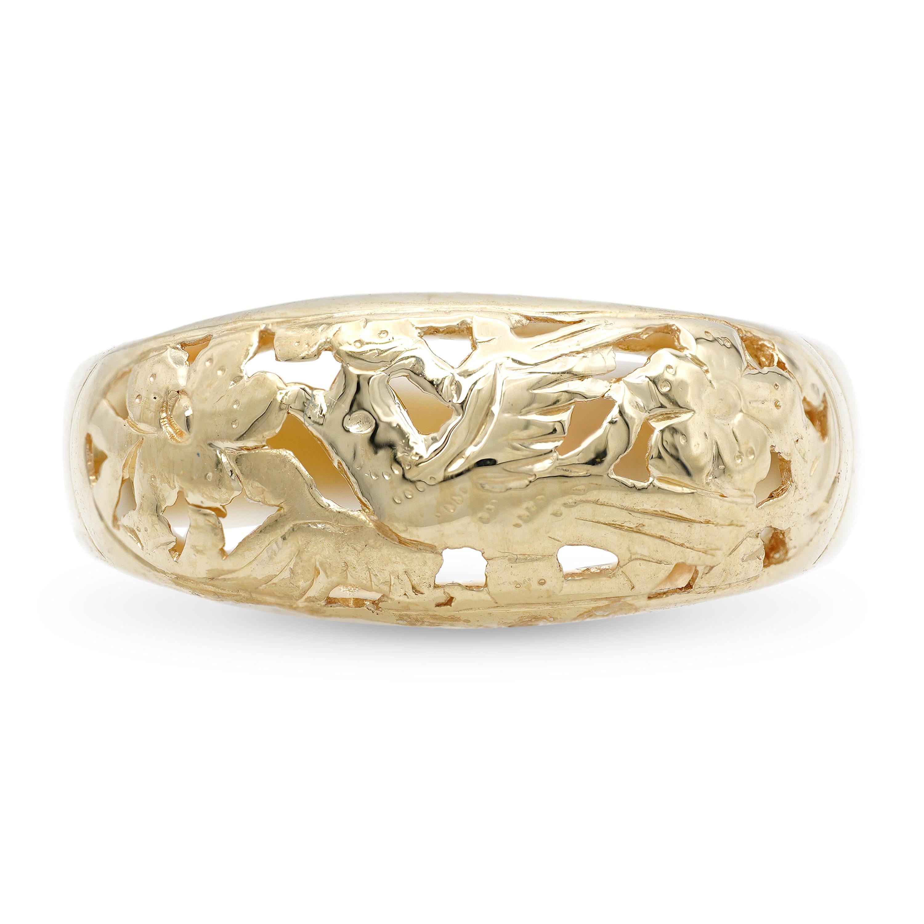 Vintage Mings 14k Yellow Gold Openwork Birds in Plum Motif Domed Band Ring