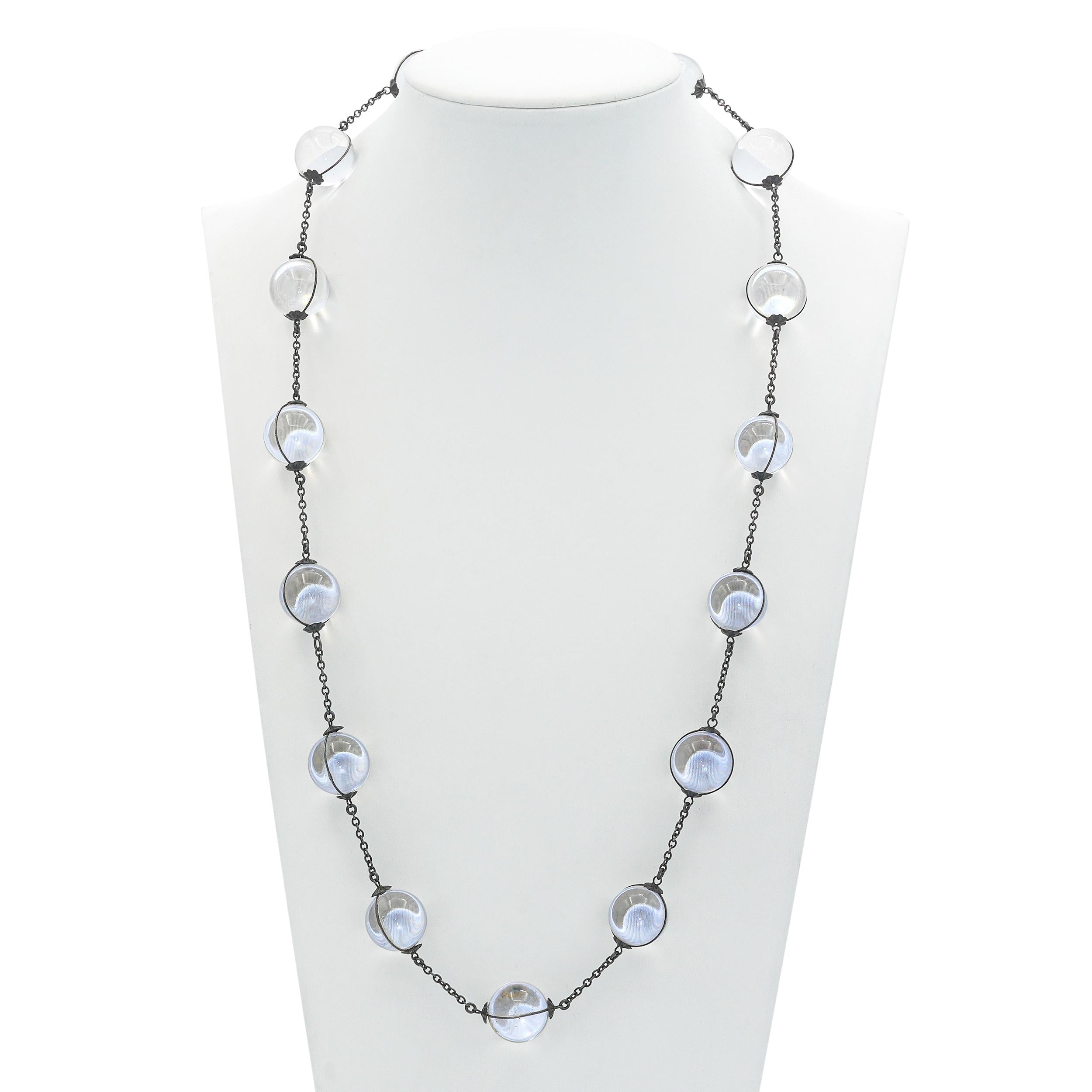 Art Deco Sterling Silver Pools of Light Rock Crystal Bead Necklace