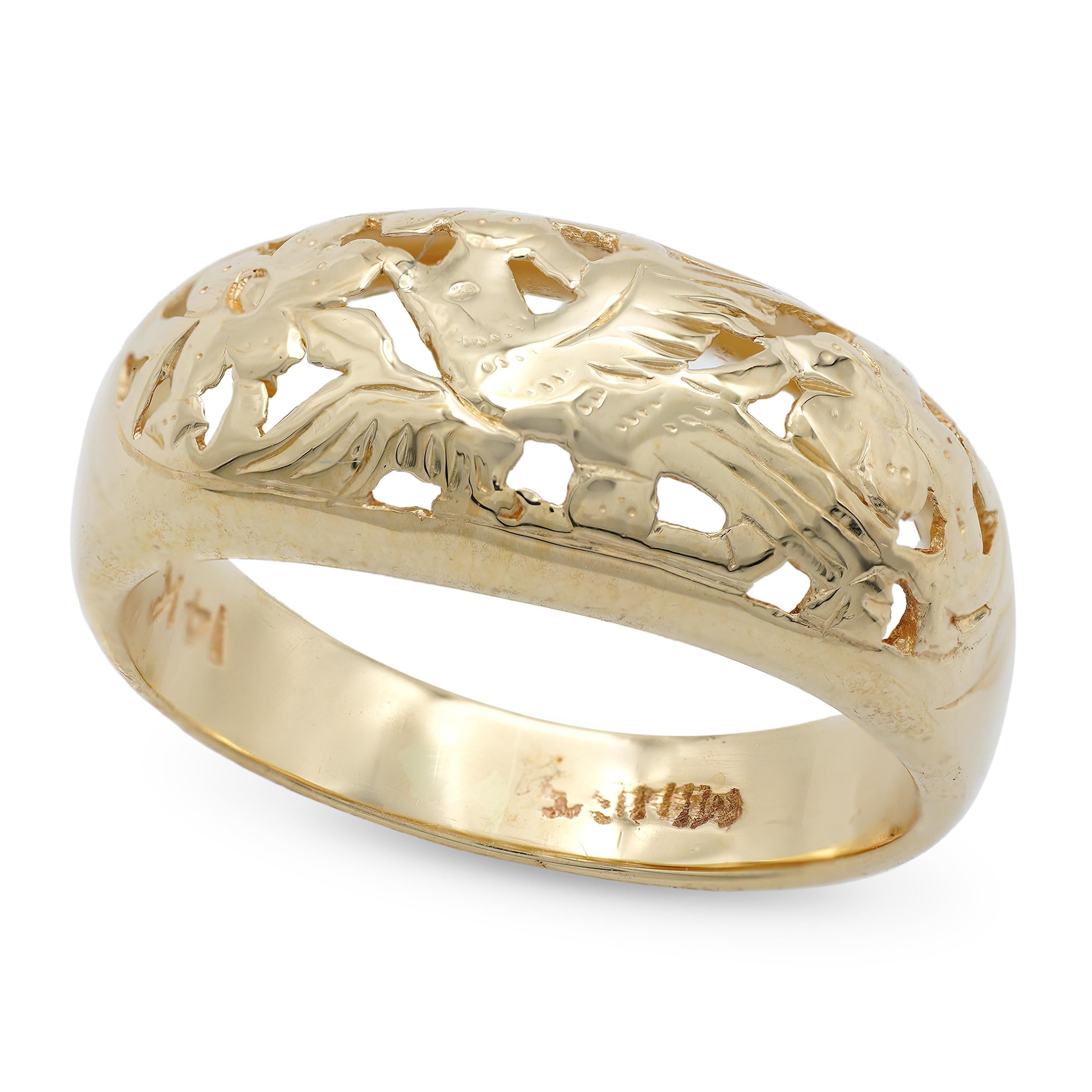Vintage Mings 14k Yellow Gold Openwork Birds in Plum Motif Domed Band Ring