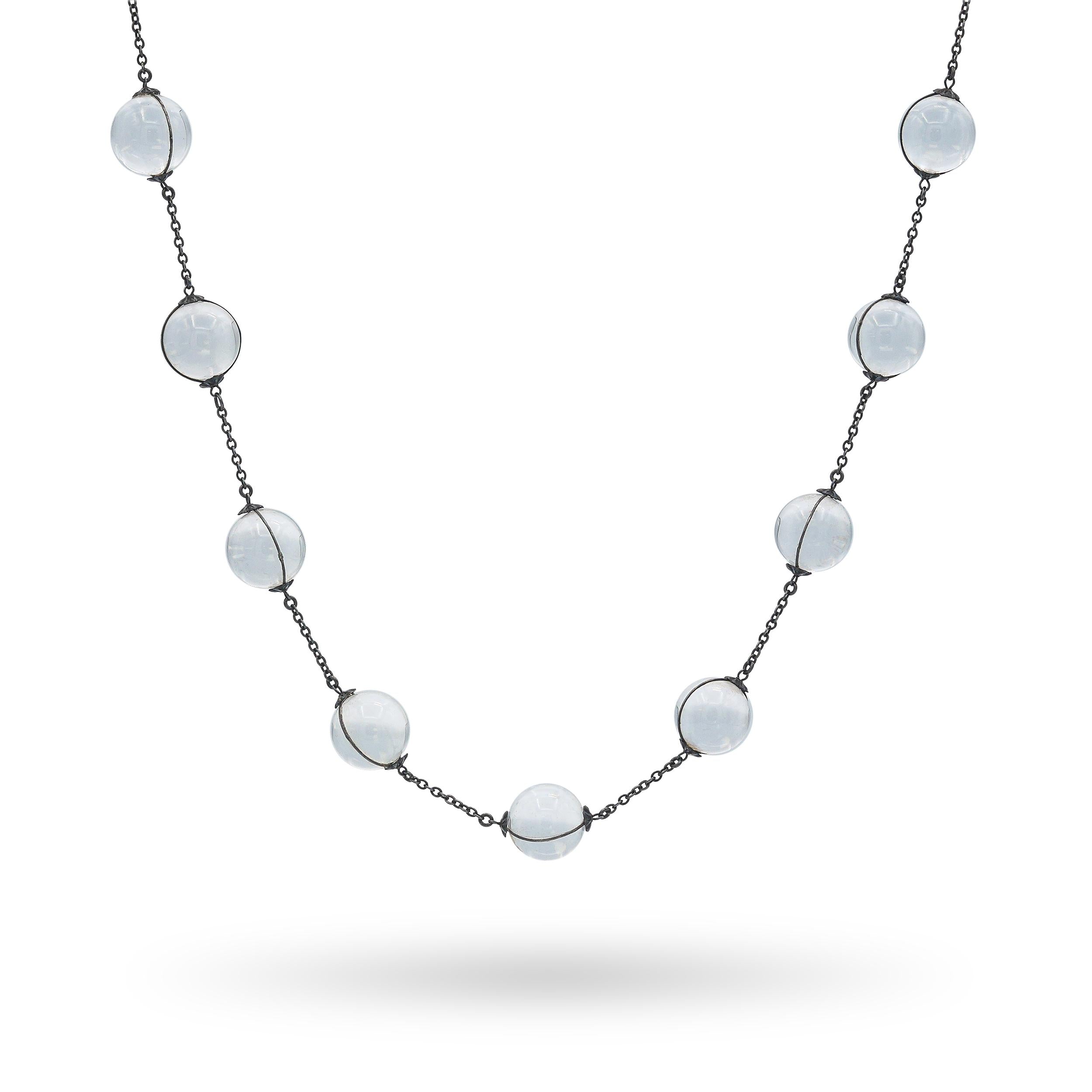 Art Deco Sterling Silver Pools of Light Rock Crystal Bead Necklace