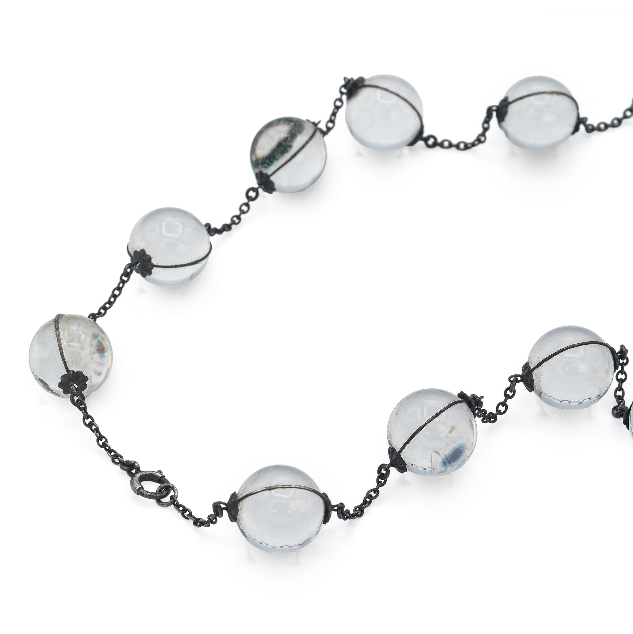 Art Deco Sterling Silver Pools of Light Rock Crystal Bead Necklace