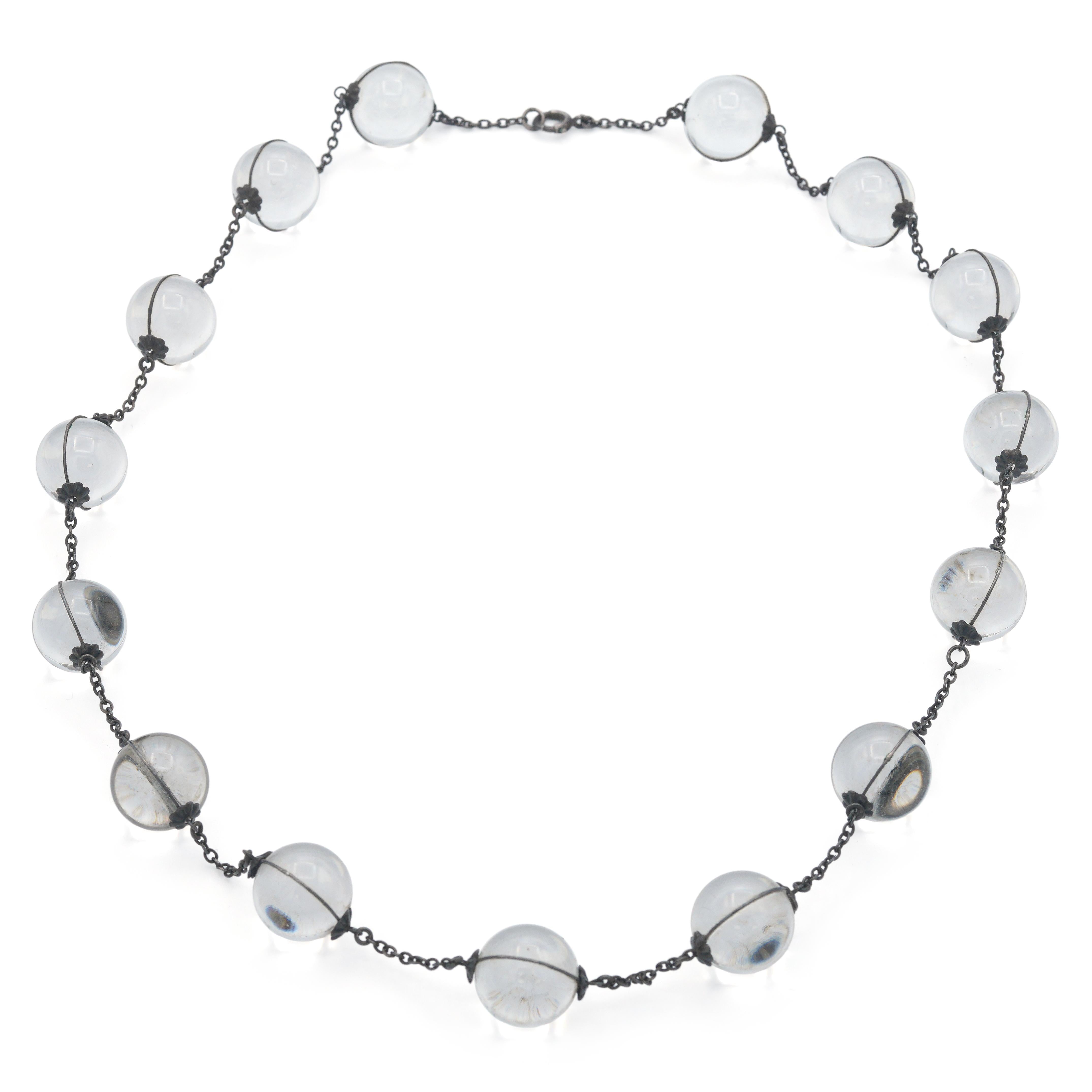 Art Deco Sterling Silver Pools of Light Rock Crystal Bead Necklace
