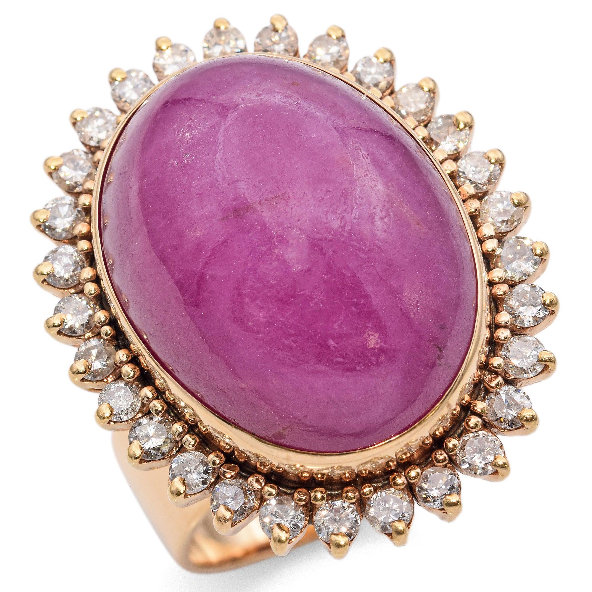 Yellow Gold 49.68ct Pink Sapphire Cabochon Diamond Halo Cocktail Ring