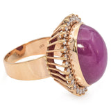 Yellow Gold 49.68ct Pink Sapphire Cabochon Diamond Halo Cocktail Ring