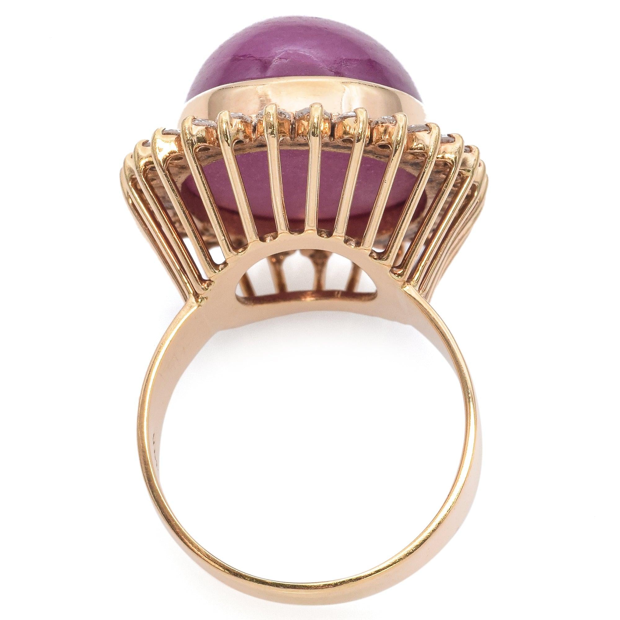 Yellow Gold 49.68ct Pink Sapphire Cabochon Diamond Halo Cocktail Ring