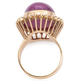 Yellow Gold 49.68ct Pink Sapphire Cabochon Diamond Halo Cocktail Ring