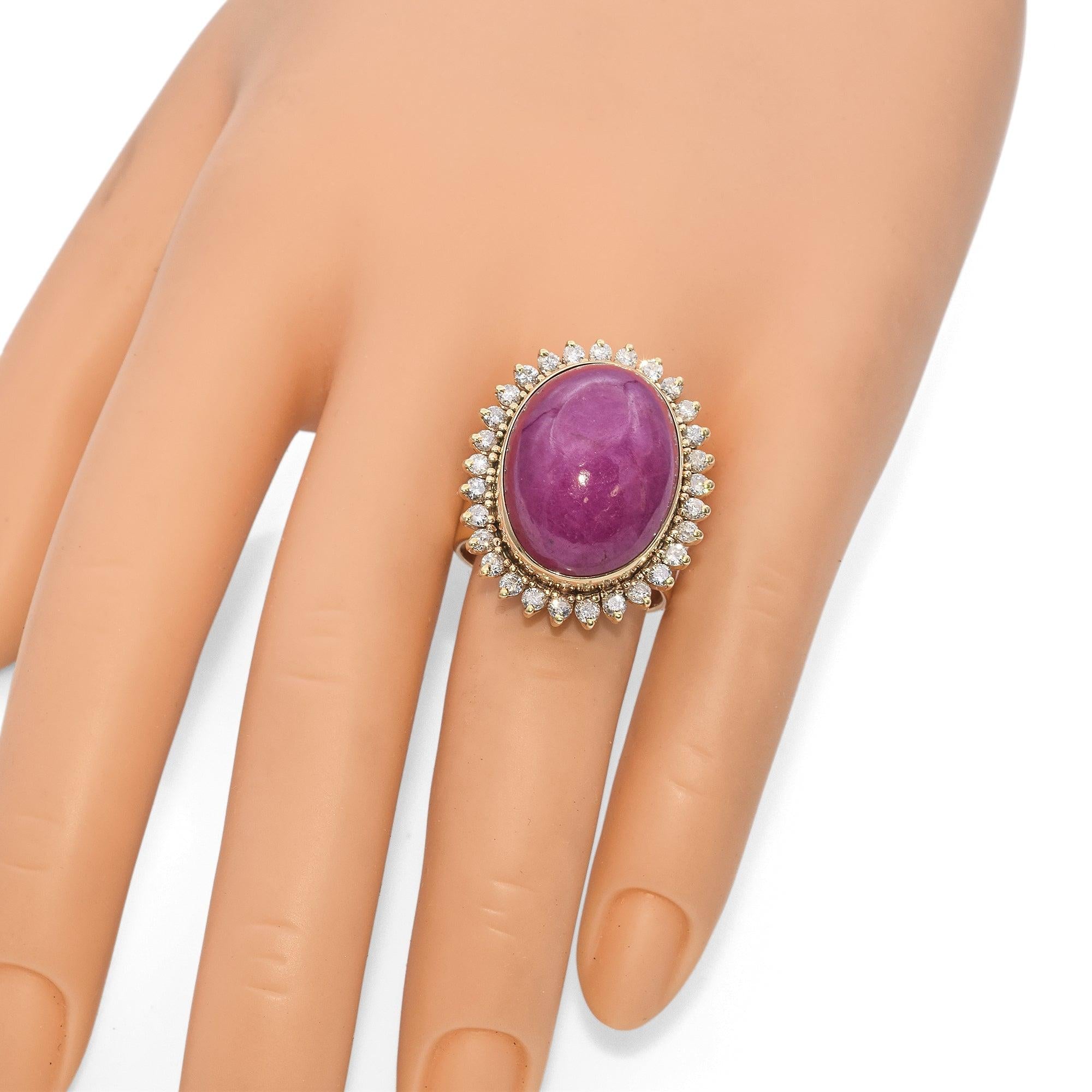 Yellow Gold 49.68ct Pink Sapphire Cabochon Diamond Halo Cocktail Ring