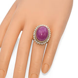 Yellow Gold 49.68ct Pink Sapphire Cabochon Diamond Halo Cocktail Ring