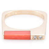 Vintage 14K Yellow Gold Red Coral & Diamond Square Band Ring Size 3