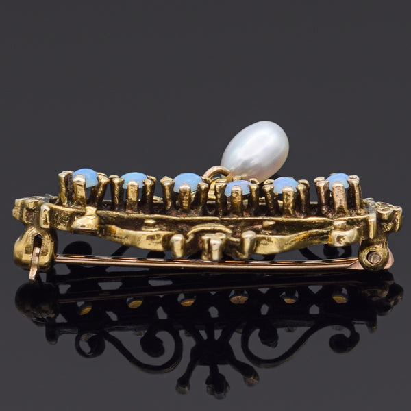 Antique Victorian 14K Yellow Gold Opal and Pearl Brooch Pin
