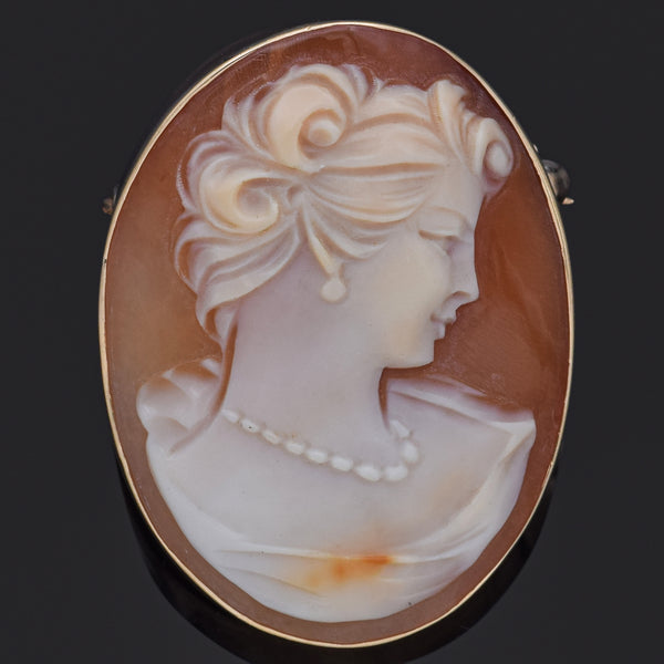 Antique 14K Yellow Gold Cameo Shell Oval Brooch Pin Pendant