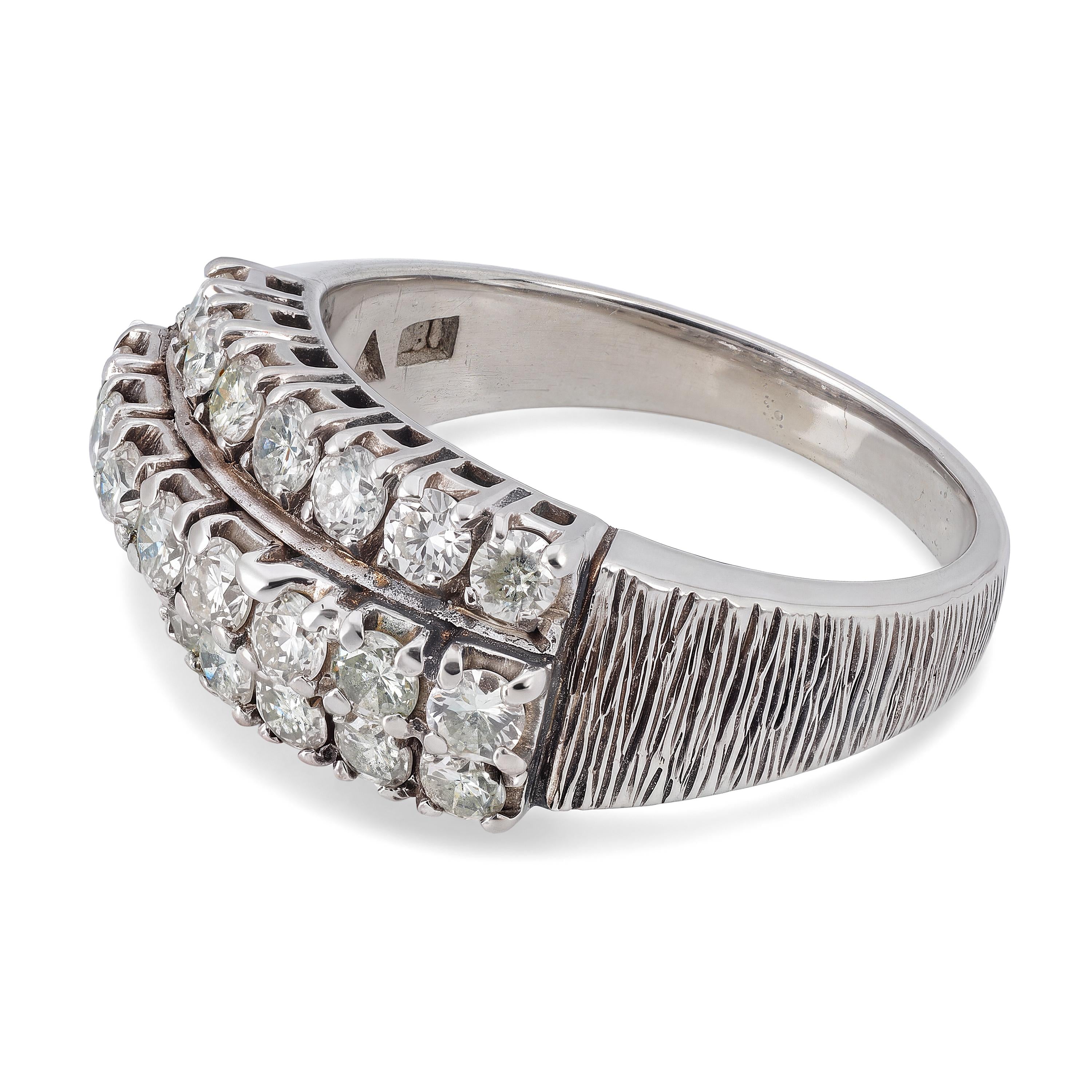 Vintage 9k White Gold Diamond Three Row Ring