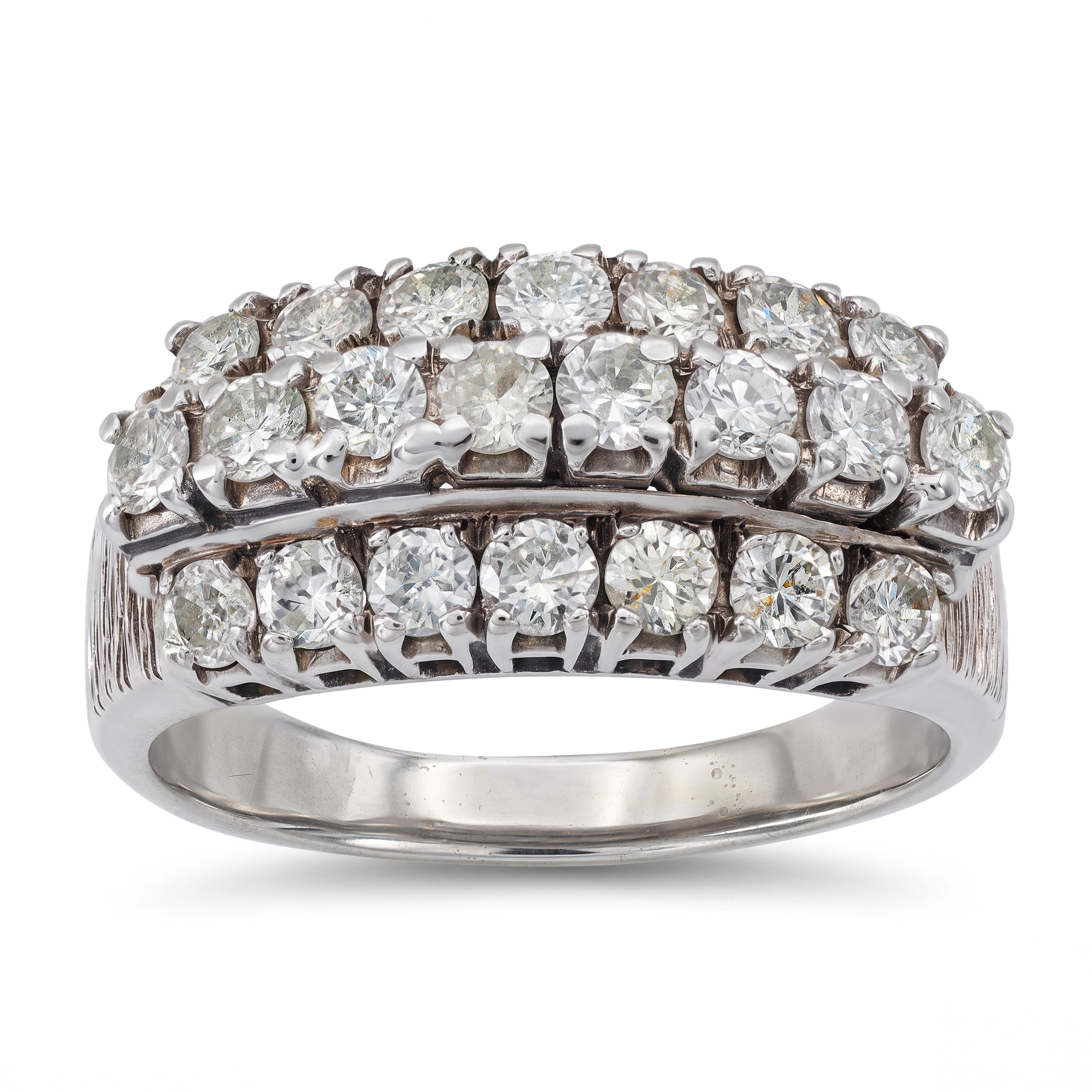 Vintage 9k White Gold Diamond Three Row Ring
