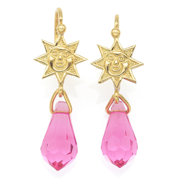 Vintage 18K Yellow Gold Pink Crystal Sun Dangle Earrings