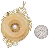 Vintage 18K Yellow Gold Orange Jade & Pearl Round Disc Brooch Pin Pendant