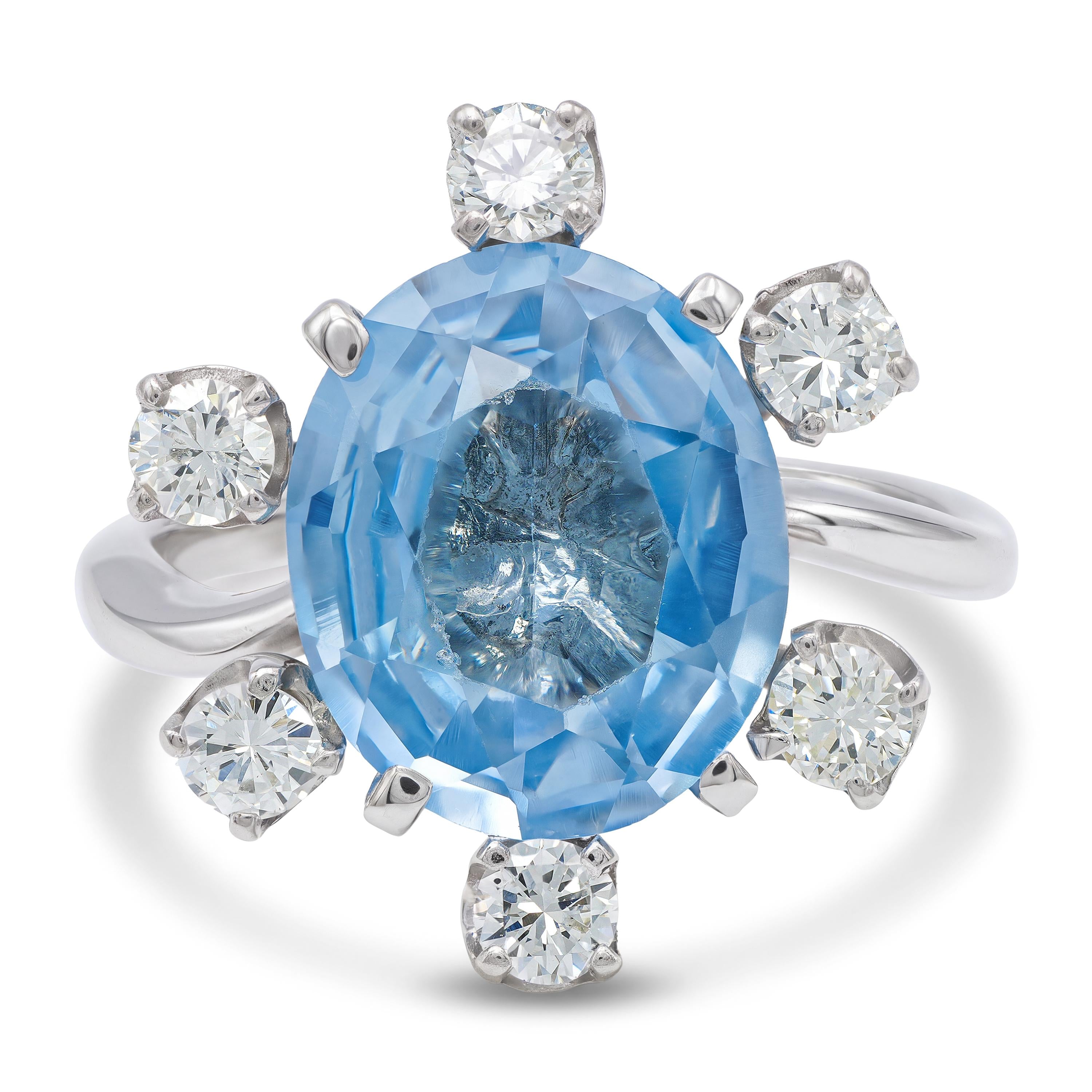 Vintage 14k White Gold Blue Topaz and Diamond Cocktail Ring