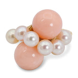 Vintage 9k Yellow Gold Coral and Cultured Pearl Cluster Ring