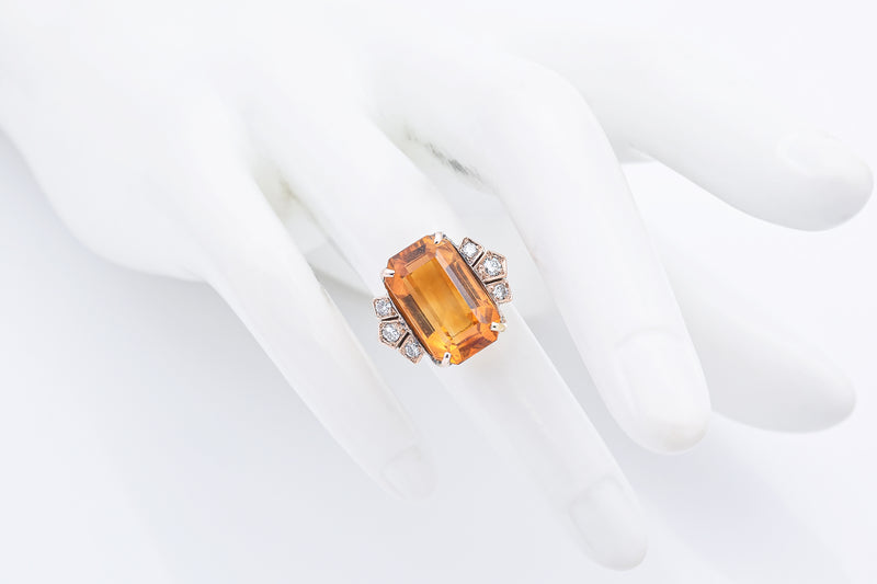 Antique 10K Yellow Gold 7.16 Ct Citrine & Diamond Cocktail Ring Size 3.25